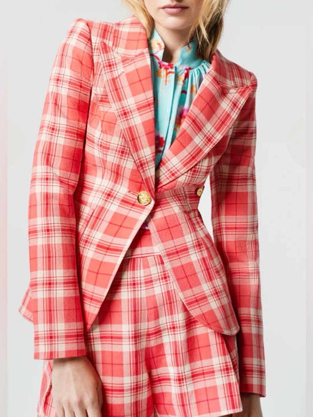 SMYTHE Patch Pocket Duchess Watermelon Plaid Statement Blazer